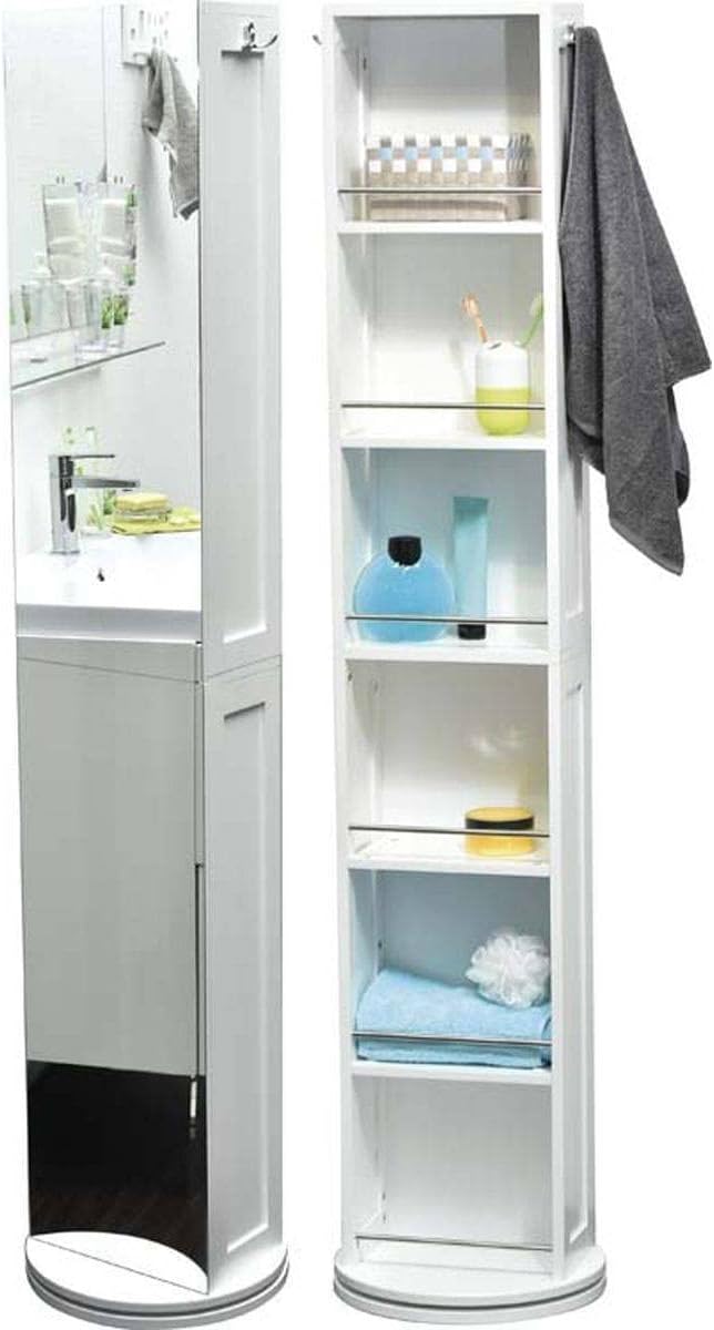 Bathroom Floor Cabinet with Mirror – Rotating Storage Tower with 360° Swivel Base, 6 Shelves, Towel Hooks