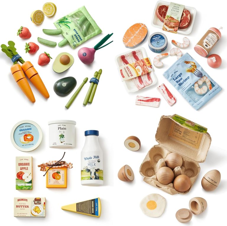 Tiny Land Wooden Play Food Set Bundle Includes 50 PCS of Fruits, Veggies, Meats